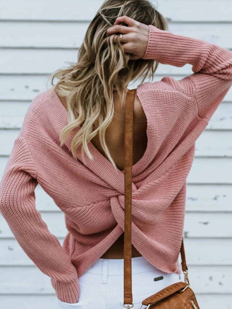 Новинка 2020 свитер женский сексуальный пуловер с открытой спиной на осень и зиму