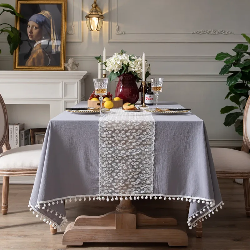 

Cotton Linen Nordic Solid Daisy Lace Tablecloth Table Cloth with Tassel Rectangular TableCloth Household Coffee TableTowel Decor