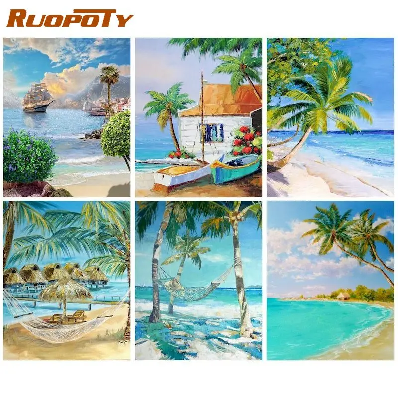 

RUOPOTY Oil Painting By Numbers Landscape DIY Frame Pictures By Number Seaside Coconut Tree Paint On Canvas DIY Home Decoration