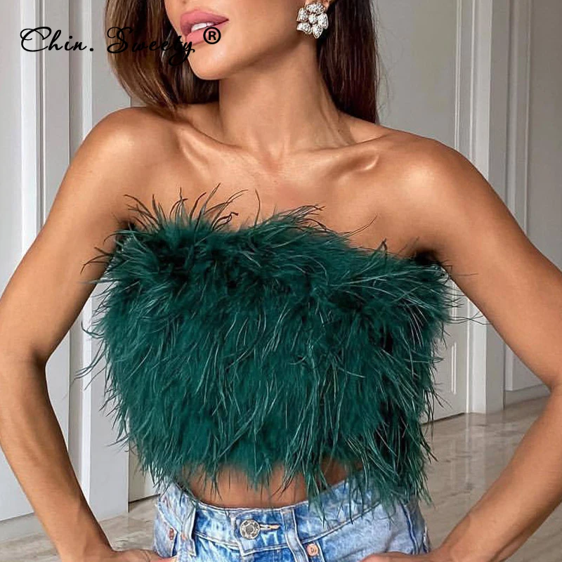 

Sexy Furry Crop Top Camis Women Ostrich Feather Tank Tunic Vest Sleeveless Bra Night Club Party 2022 Female Tube Cropped Tops
