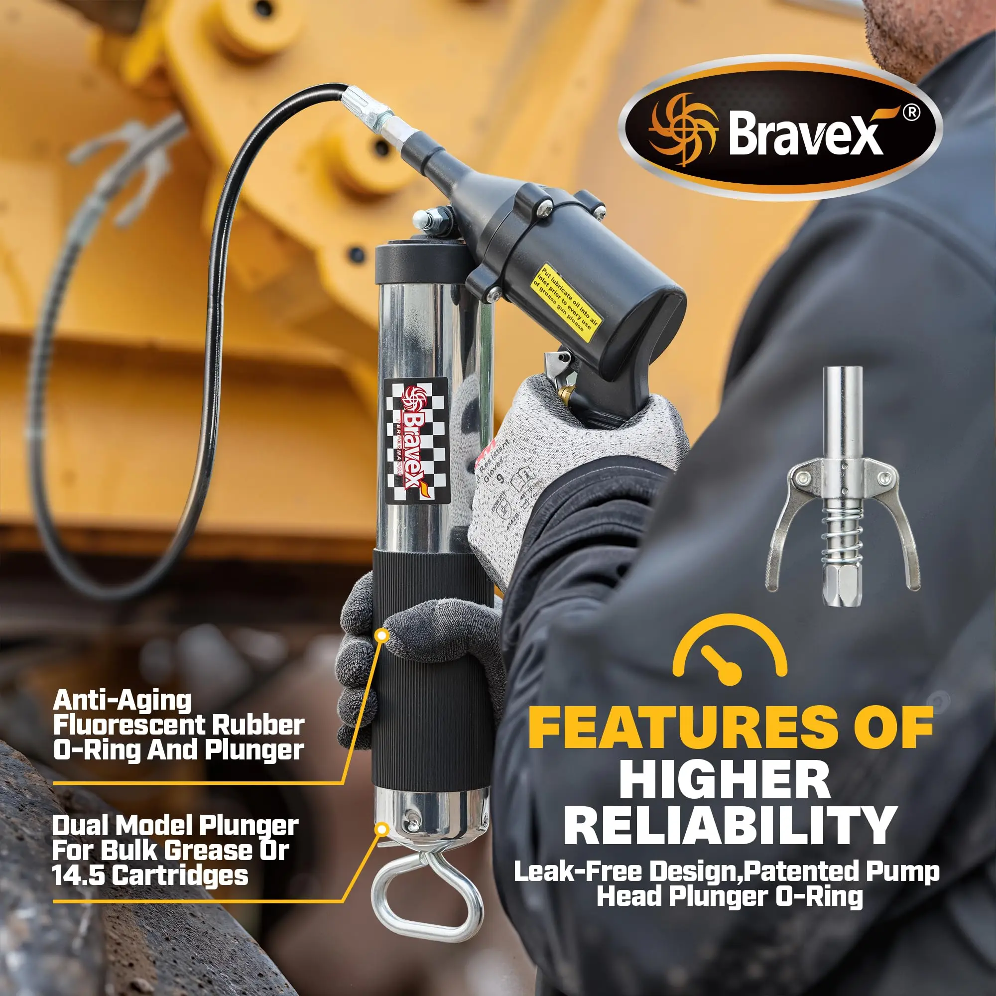 Фото Профессиональный шприц для смазки Bravex 6000 PSI с пистолетной рукояткой, быстросъемным соединением и гибким шлангом 18 дюймов №2
