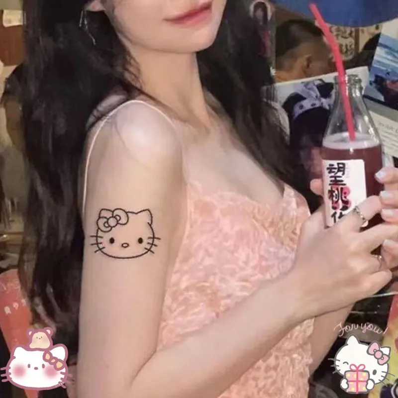 

Hellokitty Anime Hot Girl Tattoo Stickers Cute Cool Waterproof Decorative Patches Kawaii Personalized Black Simulation Stickers