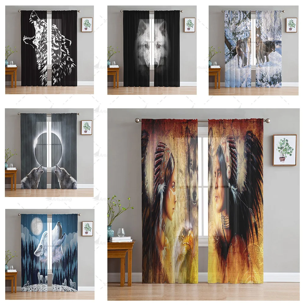 Modern Home Textile Decoration Indian Animal Wolf Tulle Window Curtains for Living Room Decorative Kitchen Perforated Curtain