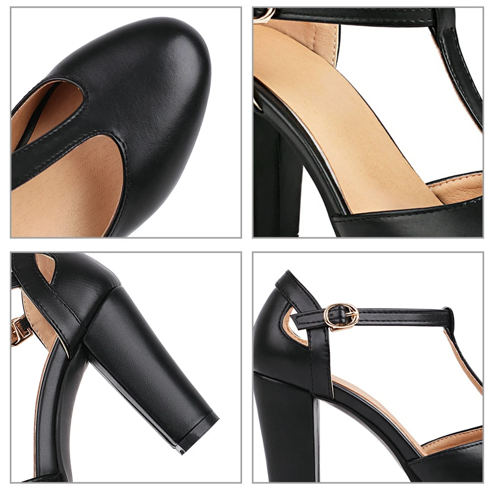 Eokkar T Strap Pumps Block High Heel Ankle Strap Pumps for Women Block High Heel Shoes Platform Closed Toe White Pumps