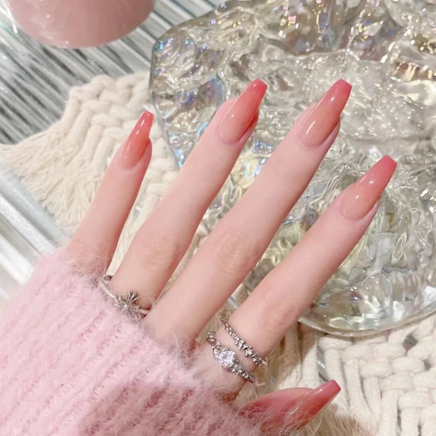 

24Pcs Meat Pink Gradient Long T Reusable False Nails Tips Seamless Removable Wearing Fake Nails Press On Nails Set Decoration