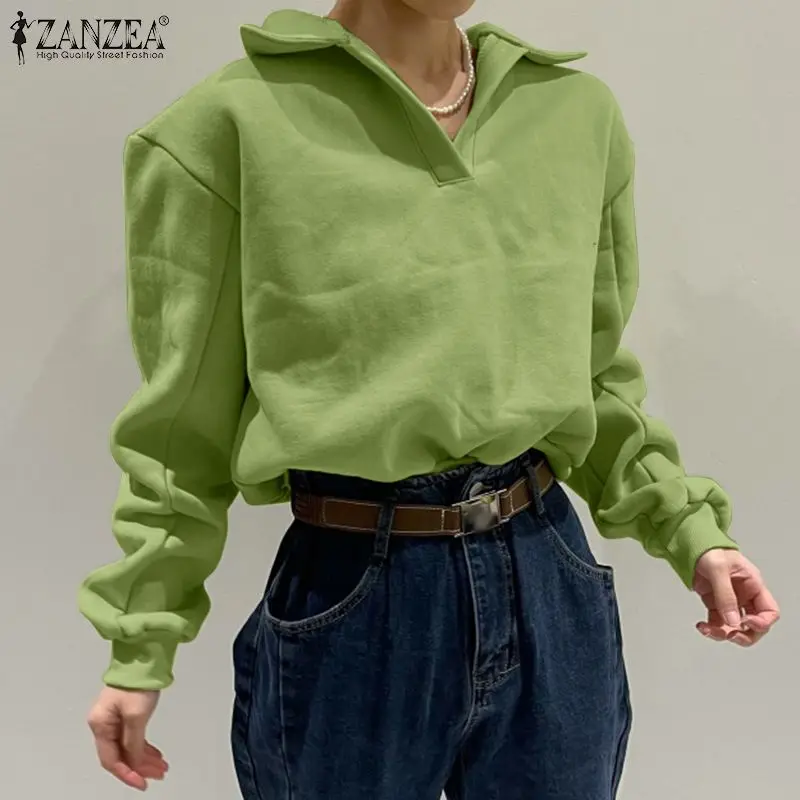 

Fashion Autumn Women Sweatshirts ZANZEA 2022 Spring Long Sleeve Loose Pullovers Casual Solid Baggy Lapel OL Oversize Tops Wear 7