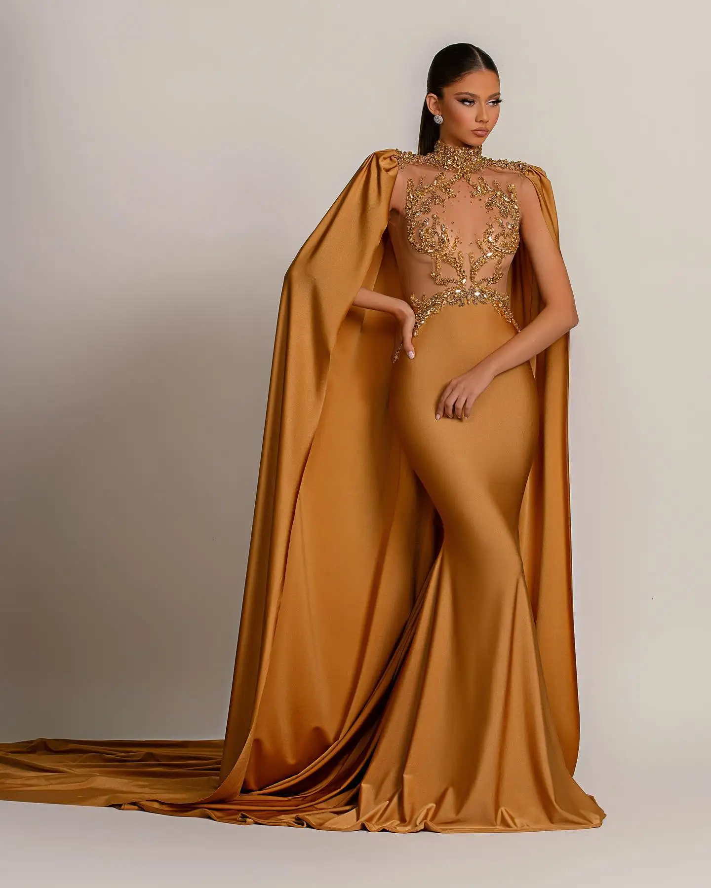 

Gold Mermaid Prom Dresses With Wrap Beaded Lace Appliqued 2023 High Neck Evening Dress Party Second Reception Gowns Plus Size