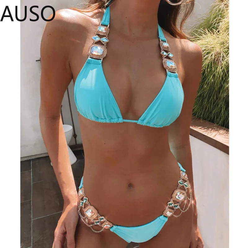 

Sexy Bikinis Swimsuit With Rhinestones Solid Color Swimwear Female Push Up Bikini Beach Swimming Bathing Suit Women Bather 2022