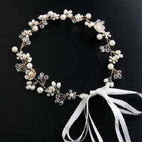 sweet romantic pearl imitation hand woven bridal hairband fashion rhinestone flower ribbon alloy hair band headdress for girls