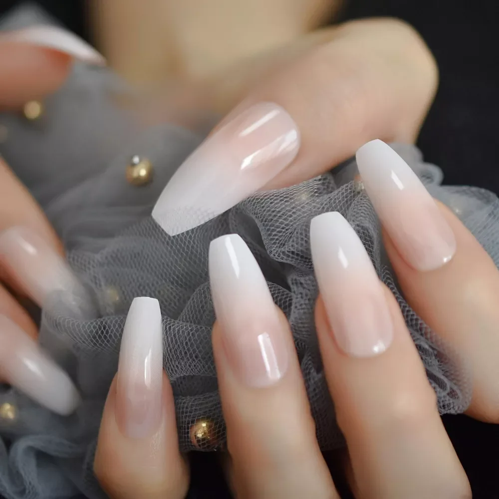

French Tip Extra Long Ballerina Shape False Press on Natural Nails White Gradient Nude Coffin Tips with Adhesive Tabs 24