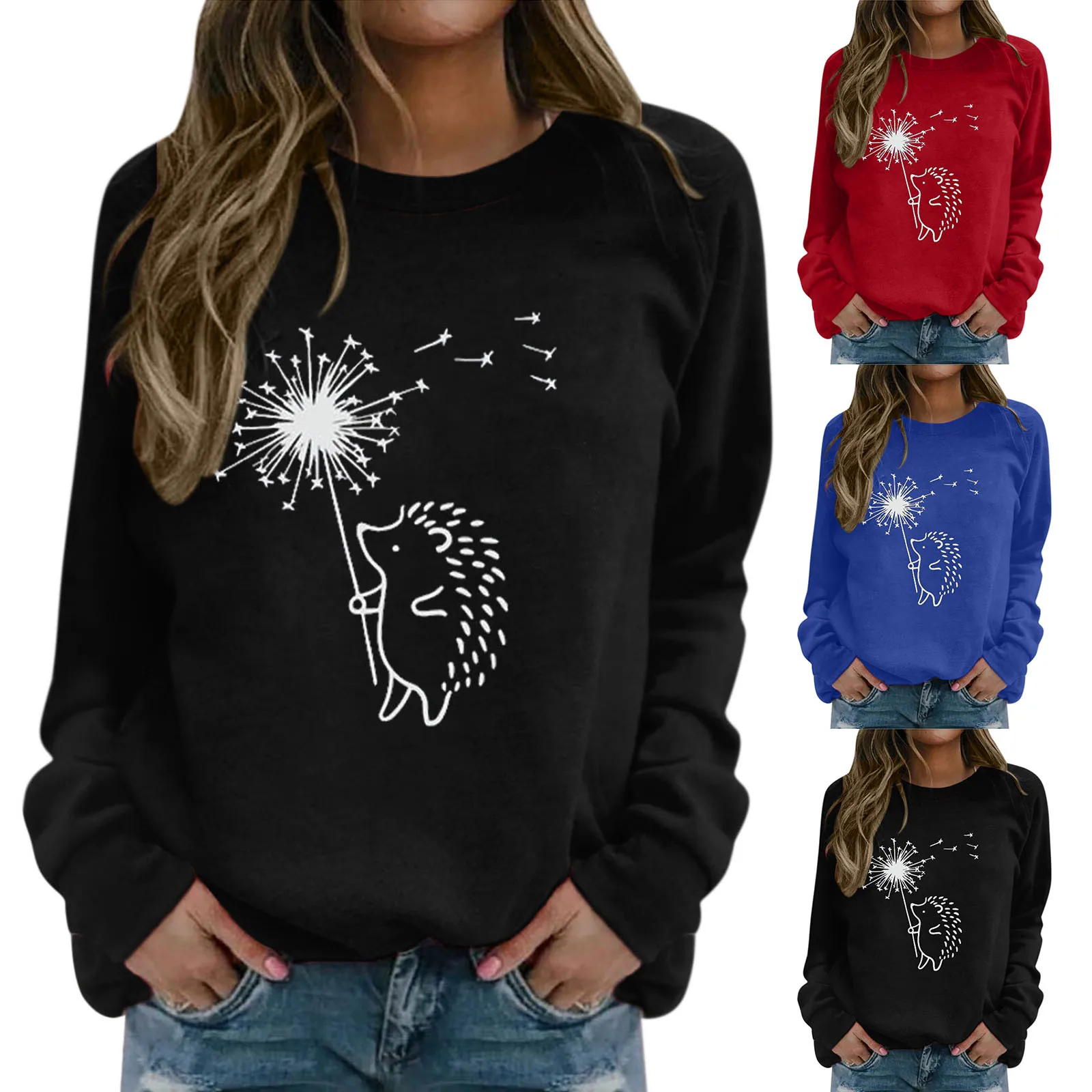 

Dandelion Hedgehog Printed Cute Hoodies Women Fleece Long Sleeve O Neck Loose Sweatshirt Girls Women Hoodie Pullovers Winter