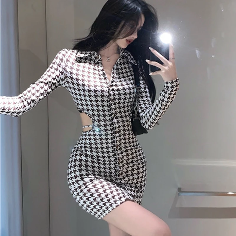 

Новинка лета 2022, платье с принтом «гусиные лапки», модное сексуальное соблазнительное приталенное облегающее платье с открытой спиной для ...