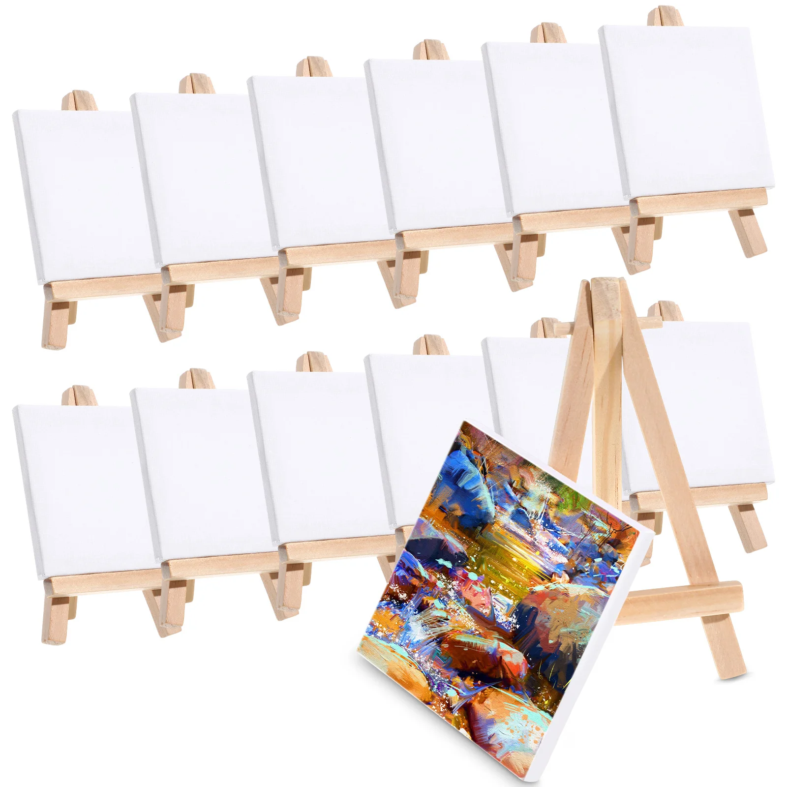12 Sets Mini Easels with Canvas Boards Small Easel Stands with Canvas Panels for Kids Students Adults Painting