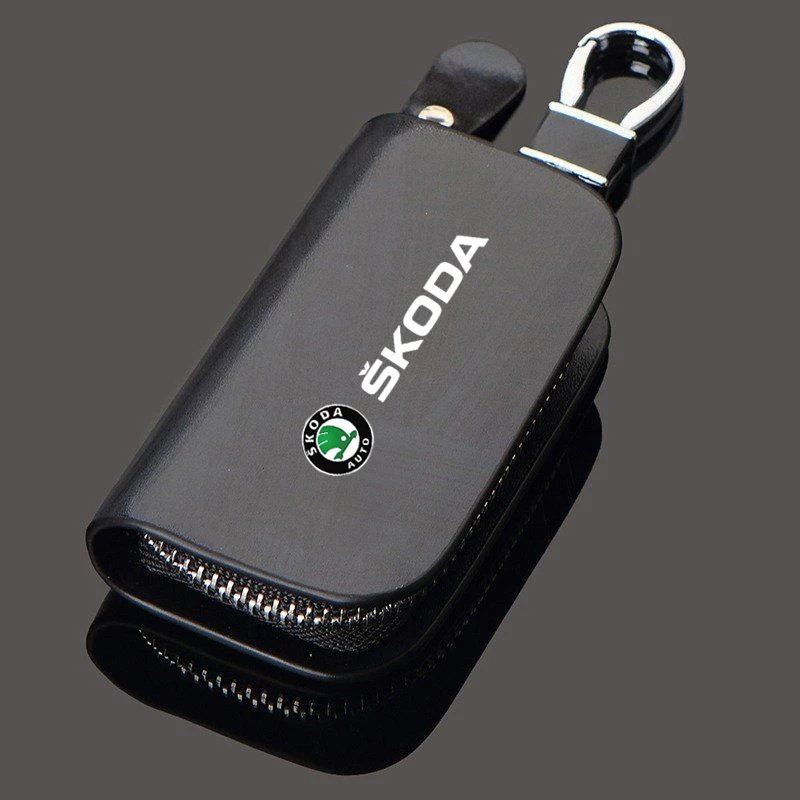 

1Pcs Universal Car Key Bag Cover Case Leather Key Wallet For Skoda logo Octavia Kodiaq Karoq Superb Rapid Combi A7 Yeti
