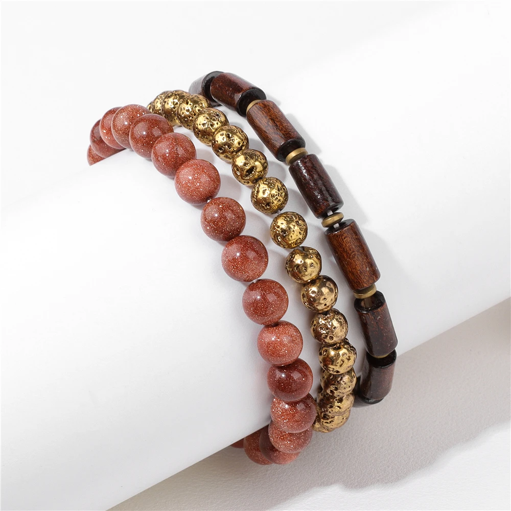 

3pcs/set Wood Lava Beads Bracelets For Women Men Natural Stone Agates Bracelet Set Electroplated Gold Color Volcanic Rock Bangle