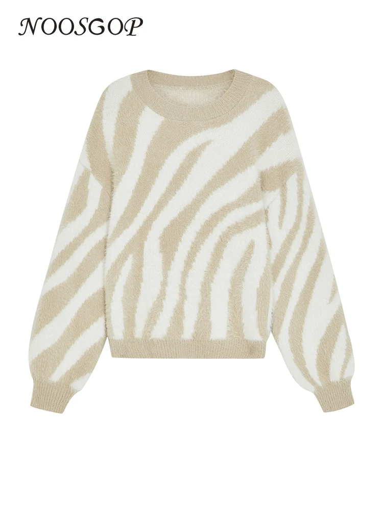 NOOSGOP Luxury Marten Wool Women Pullover Sweater Khaki White Beige Zebra Pattern Knit Patchwork O Neck Autumn Winter Clothing