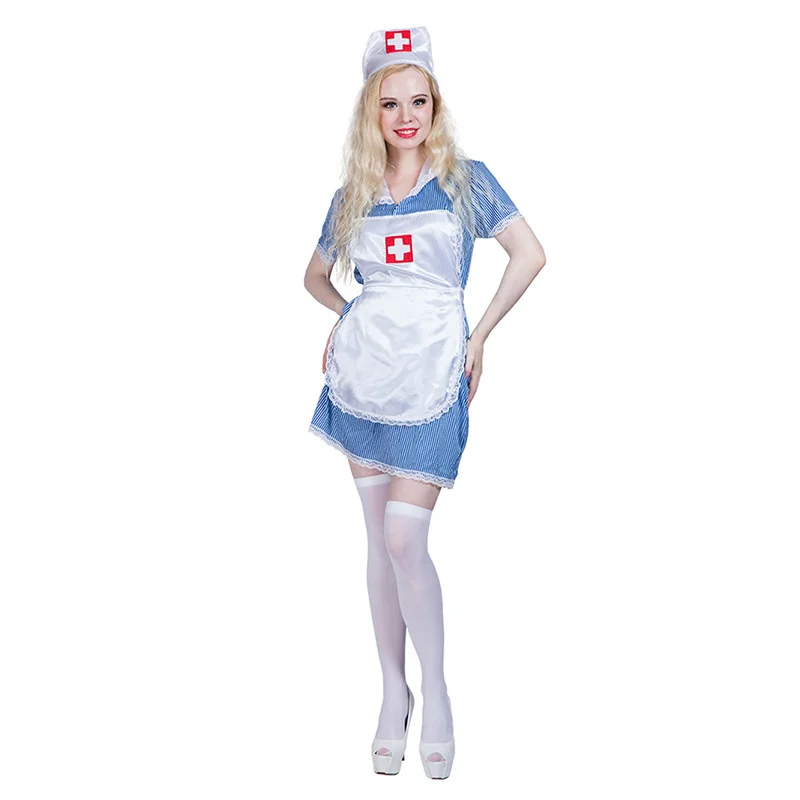 

Halloween Print Blue Striped Maid Skirt Cosplay Female Nurse Polyester Uniform Lace Stage Costume Sexy Three-piece Set