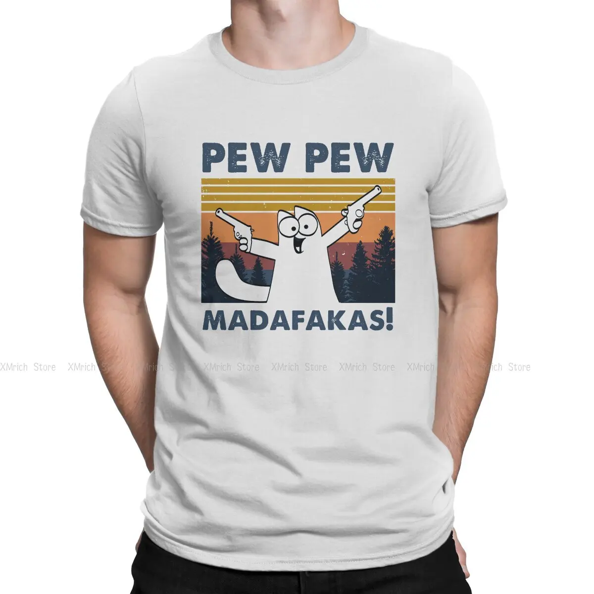 

Мужская футболка с большими глазами и кошкой Pew Madafakas, топы с круглым вырезом, тканевая футболка с юмором, идея для подарка высшего качества