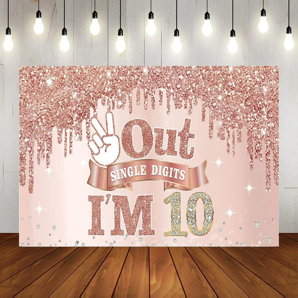 

Happy 10th Birthday Party Backdrop Decoration Pink Silver Balloon Diamond Photography Booth Background Ten Anniversary Poster