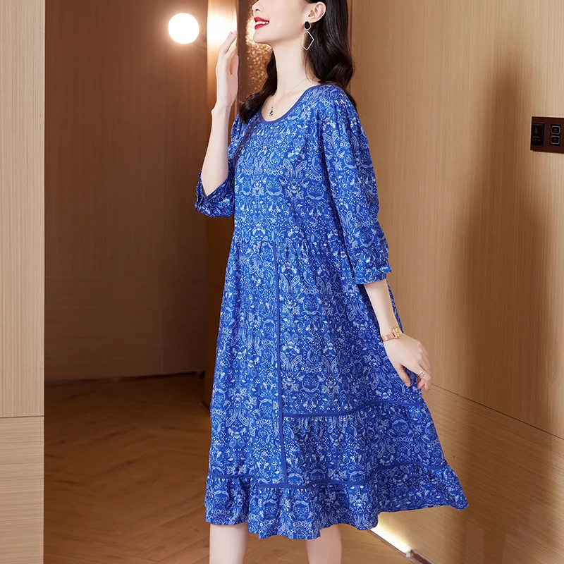 Женское платье с коротким рукавом длинная свободная юбка цветочным принтом и