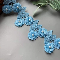 20x 3d blue pearl beaded flower embroidered lace trim ribbon floral applique patches dress fabric sewing craft vintage 6cm new