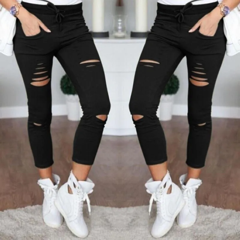 

Cargo Pants Women Fashion Slim High Waisted Stretchy Skinny Broken Hole Pencil Pants Solid Color Streetwear Trousers Womens