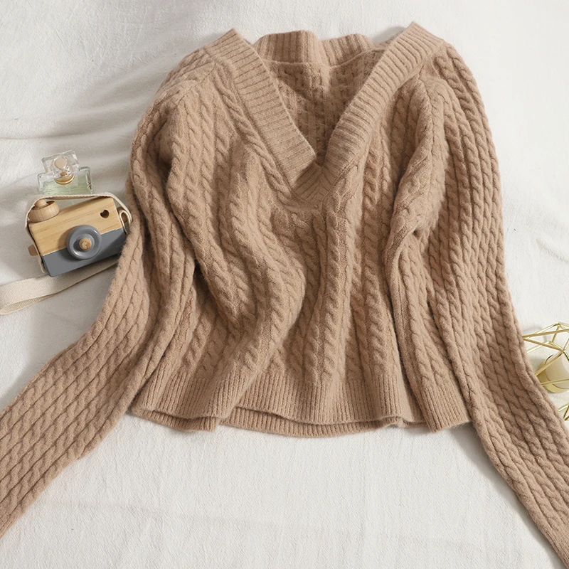 

F GIRLS Gagaok короткий пуловер с V-образным вырезом Тонкий темпераментный свитер осенний Универсальный однотонный топ теплый корейский вязаный модный