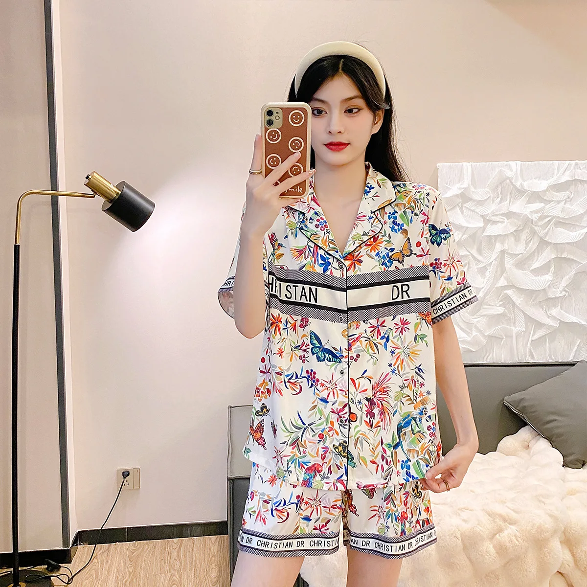 Атласные пижамные комплекты с цветочным принтом животных шорты штаны женская