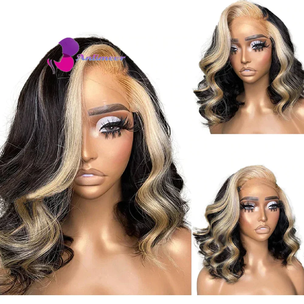 

Blonde Balayage Highlight Wig Short Wigs for Black Women Highlight 613/Black Colored Wigs Left Side Part 180% Density Human Hair