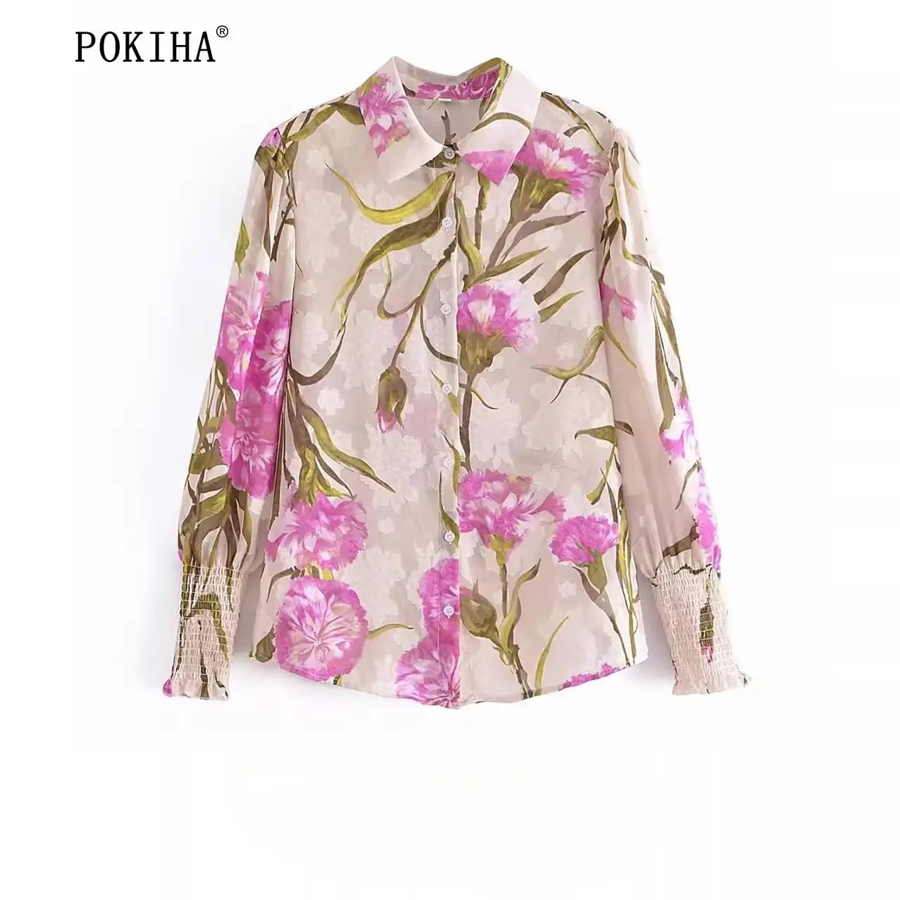 

Pokiha 2023 Модные женские винтажные блузки с цветочным принтом и рукавами-фонариками Свободные повседневные Элегантные женские рубашки с пуговицами спереди шикарные топы