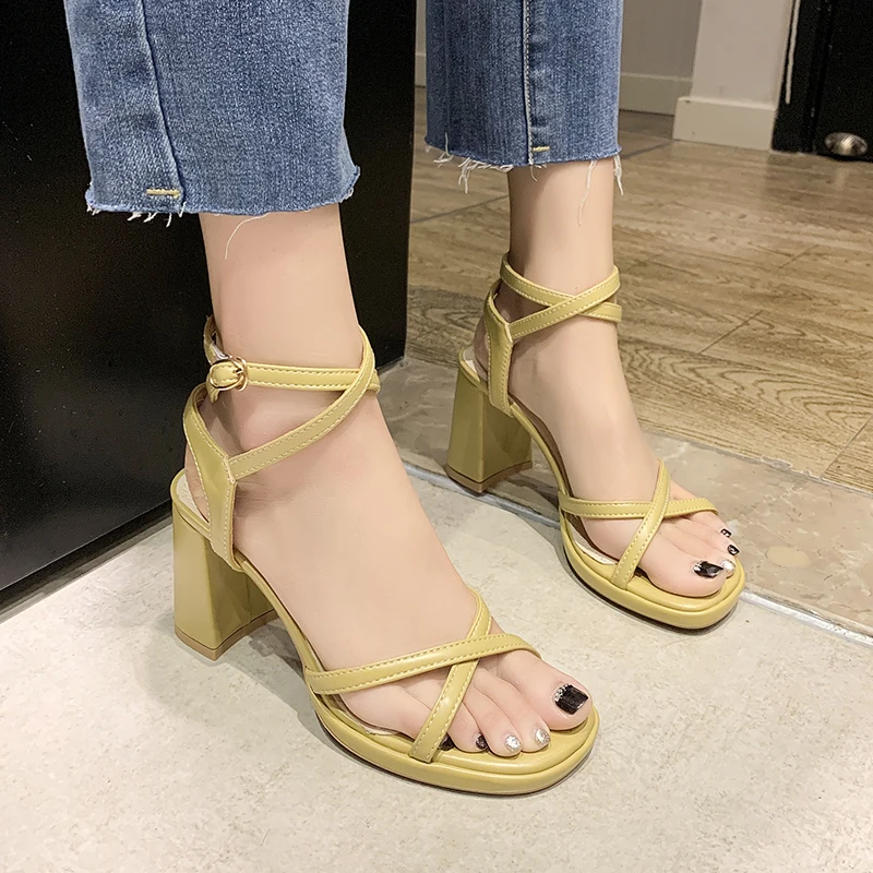 

Female Sandal High Heels Fashion Womens Shoes 2022 Espadrilles Platform Square Toe Cross Girls High-heeled Luxury Beige Lacquere
