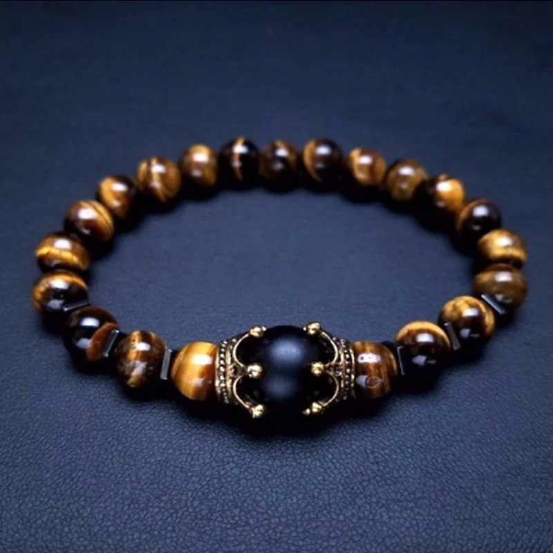 

Crown Tiger Eye Stone Men's Bracelet Fashion Classic Natural Stone Frosted Beads Elastic Bracelets of Men Jewelry Women