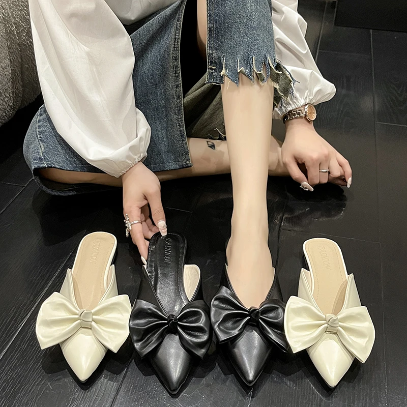 Women's Mules Slippers With Bow Flats Summer Pointed Toe Slippers Women Slip On Sexy Mule Sandals 2023 New Trend Luxury Designer