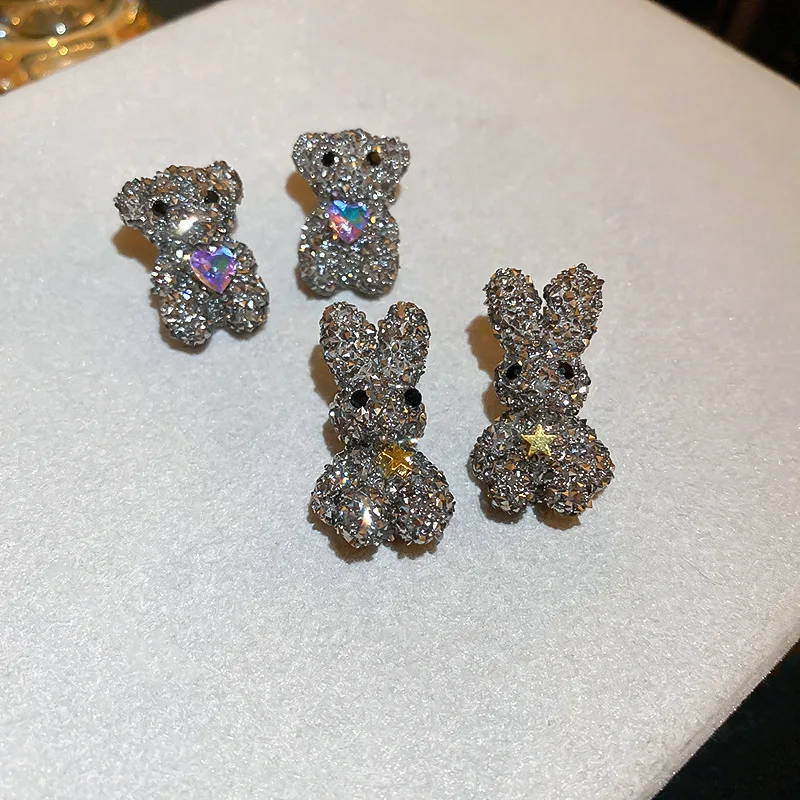 

Minar Cute Lovely Full Rhinestones Rabbit Dangle Earrings for Women Cartoon Bear Love Heart Star Pendant Earring Casual Jewelry