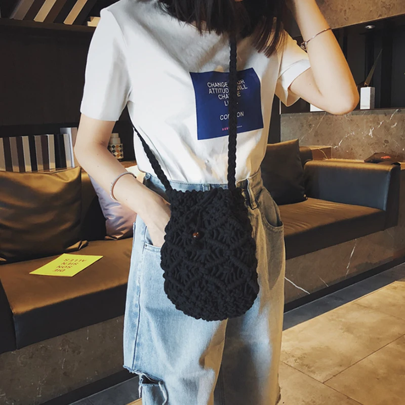 Solid Color Hand-woven Bag Women's Cotton Thread Bucket Bag Casual All-match Shoulder Messenger Bag Fashion Commute Tote Bag