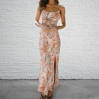 summer lady dress floral print sleeveless low collar hip wrap split hem sling beach maxi dress female clothing