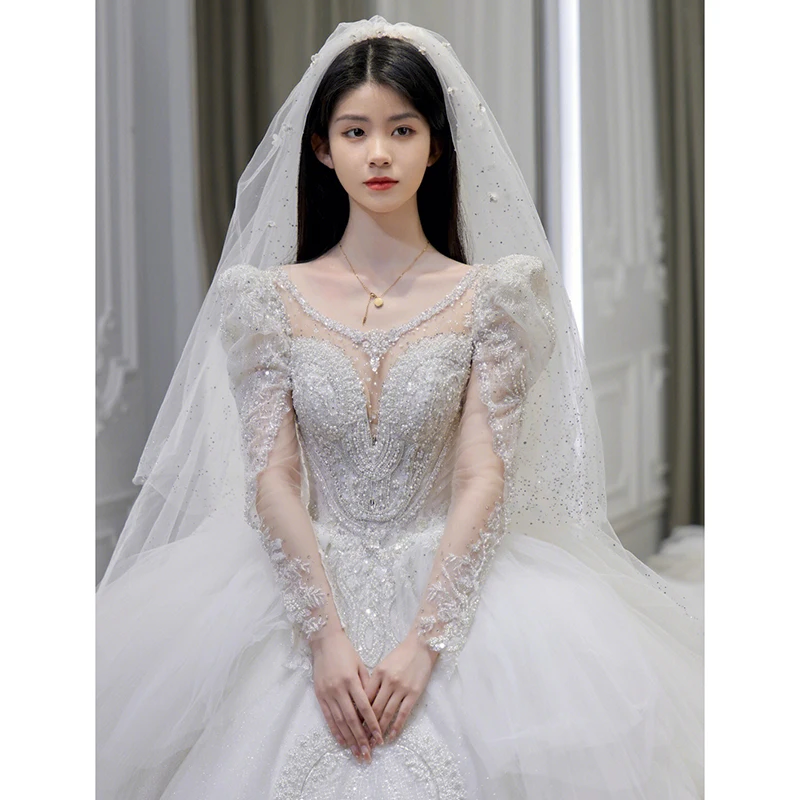 

Роскошное сексуальное свадебное платье 2023, свадебное платье с круглым вырезом и длинным рукавом, бальное платье с блестящими цветами, свадебное платье, индивидуальный пошив