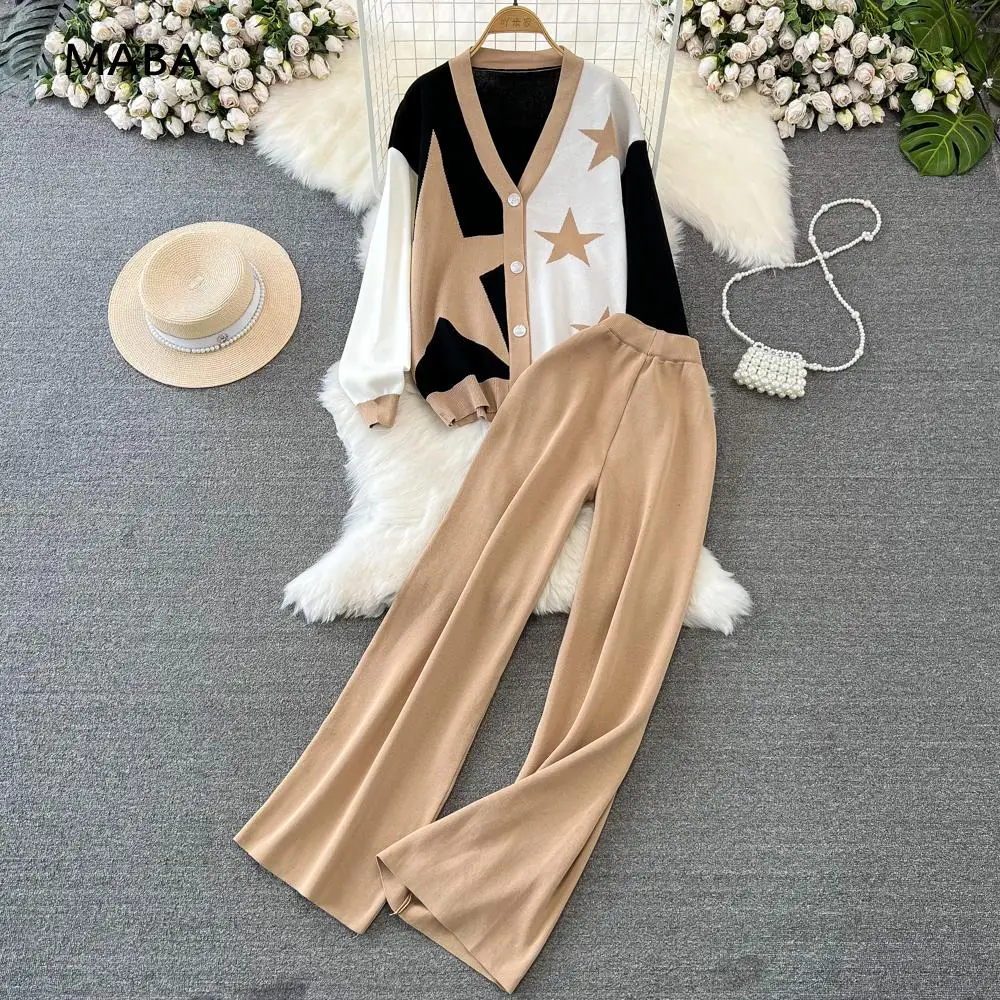 

Женский трикотажный Костюм-двойка, повседневный комплект из кардигана с длинным рукавом и брюк с широкими штанинами, уличный костюм в Корейском стиле, зима 2023