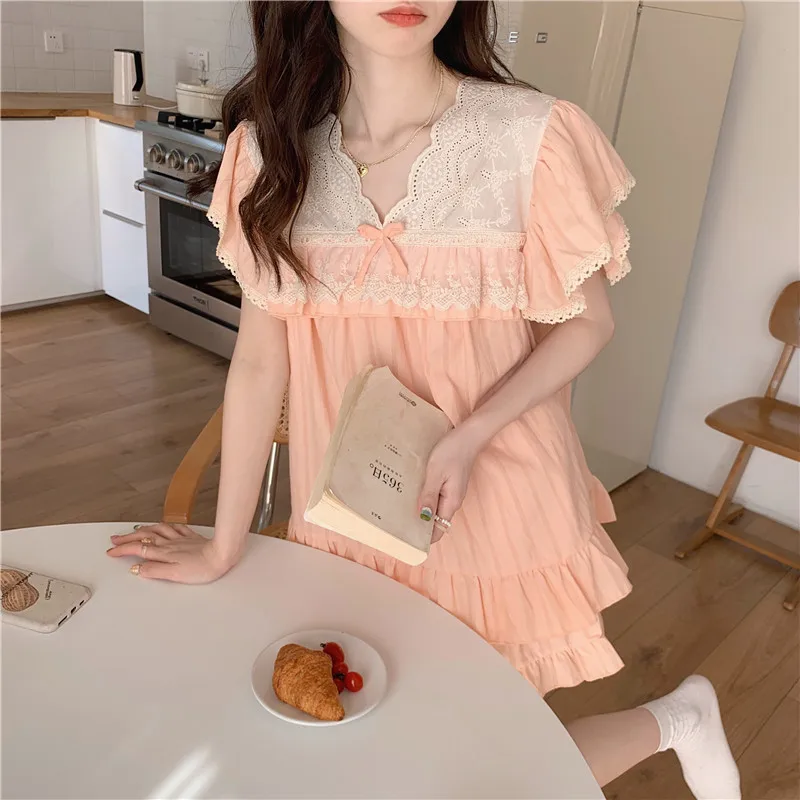 Summer Palace Style Pajamas Sets for Women 2pcs Kawaii Lace Trim Bow Loungewear Loose Short-sleeved Top Shorts Woman Pyjamas Pjs