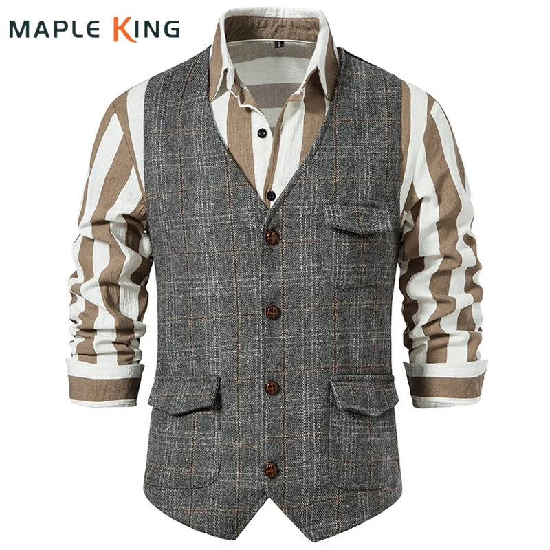 

Мужской Клетчатый деловой жилет, винтажный дизайнерский жилет с карманами для свадьбы, в стиле стимпанк