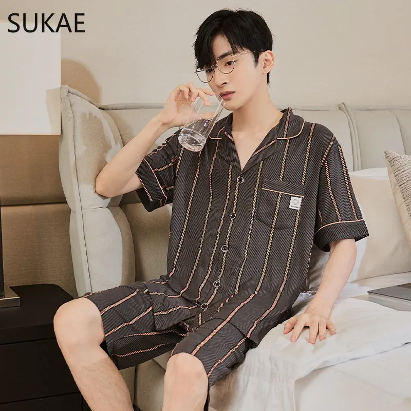 SUKAE Summer Modal Cardigan Sleepwear for Man Fashion Man's Casual Turn-down Collar Shorts Chic Design Boys Pijamas Homewear Set