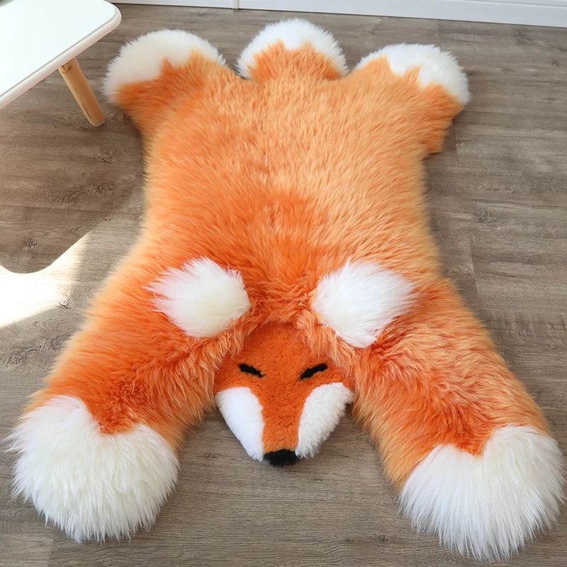 

Cute fox shaped furry genuine Sheepskin fur are rug ,orange color decorative animal shape floor mat, chair mat sofa cushion