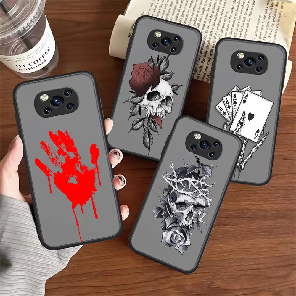 

Black Skeleton Skull Butterfly Flowers Matte Cover For Xiaomi Mi Poco F4 X4 M4 X3 M3 F3 Note10 Max 2 Phone Case Black Funda Capa