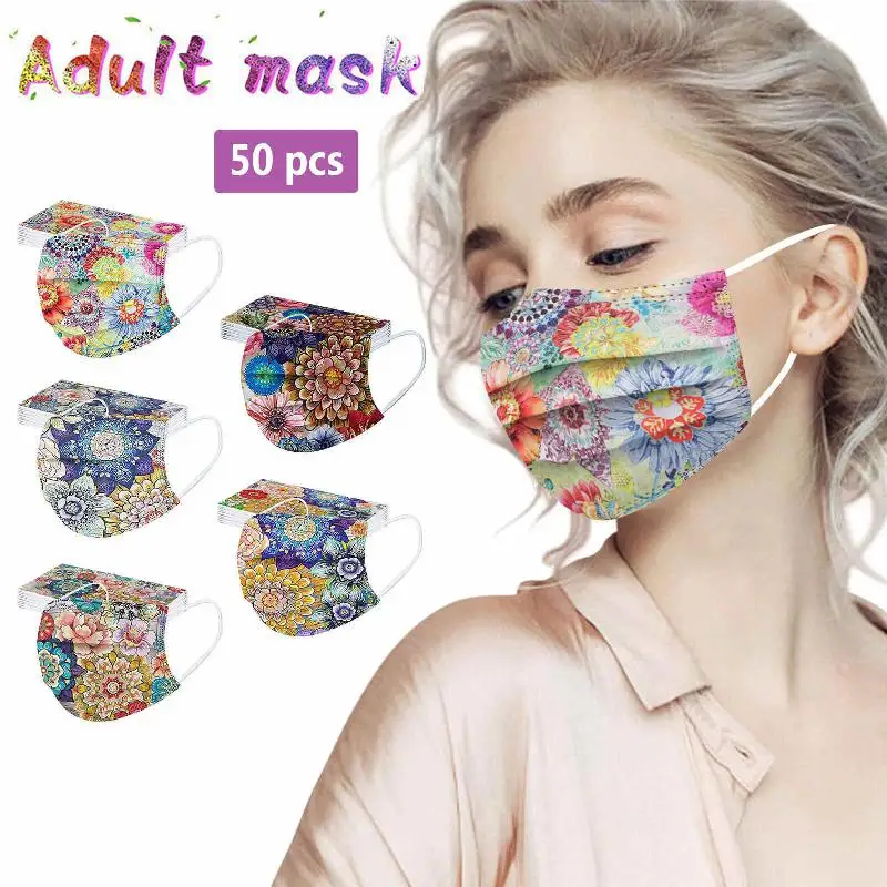 

50/100pcs Disposable Face Mask Adult Mixed Fashion Flower Print Masque 3ply Protective Mascarillas Women Man Black Mouth Cover
