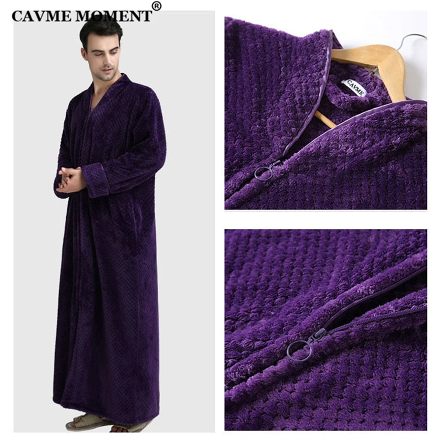 CAVME Plus Size Zipper Flannel Robe for Lover Pregant Ladies Kimono Winter Bathrobe Nightgown Custom Letters Men's Long Robe
