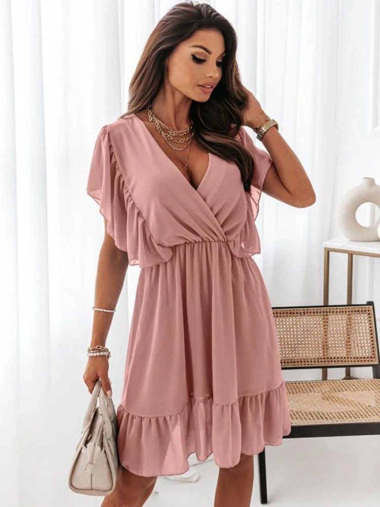 

Элегантные однотонные платья с запахом и V-образным вырезом для женщин, Новинка лета, модное повседневное ТРАПЕЦИЕВИДНОЕ ПЛАТЬЕ средней дли...