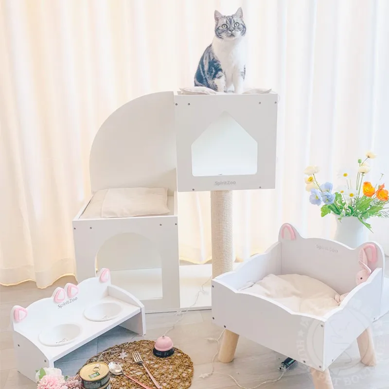 

Crooked neck cat crawling frame sleeping nest pet supplies solid wood cat dining table ceramic cat bowl cat rice basin series