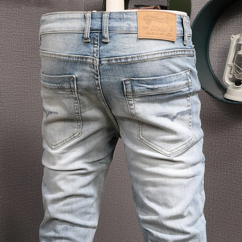 Vintage Fashion Men Jeans Retro Light Blue Stretch Slim Fit Ripped Jeans Men Elastic Trousers Patched Designer Pants Hombre