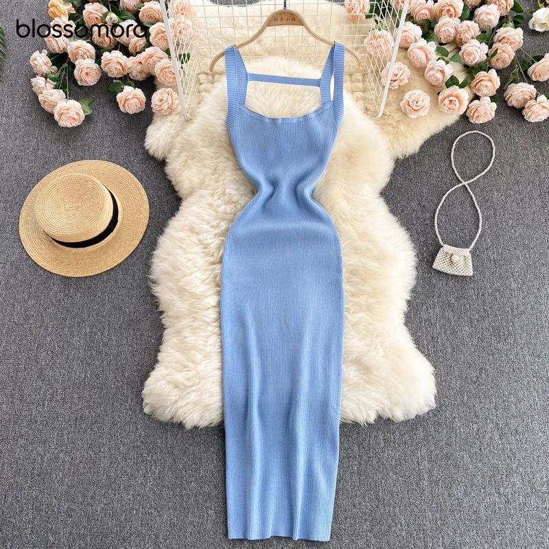 

Blossomora Solid Knitted Bodycon Elastic Waist Midi Dress Casual Square Collar Spaghetti Strap Dress Summer Vestidos for Women