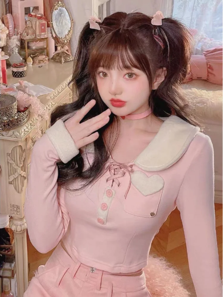 

2023 Autumn Slim Crop Tops Heart Patchwork Long Sleeve Y2k Aesthetic Sweet T-Shirts Japanese Turn Down All Match Preppy Collar